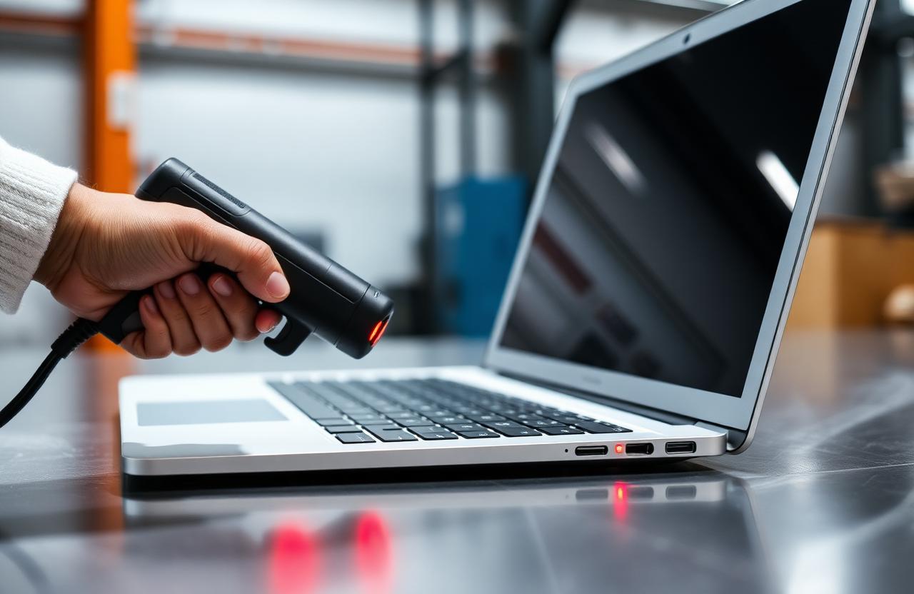 Enterprise laptop being scanned during provisioning at the Node.RTP facility